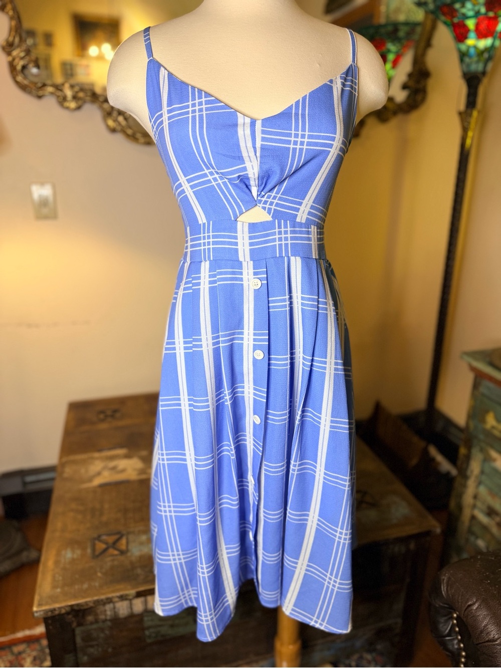 Keyhole Bodice Sundress in Sky Blue and White Plaid